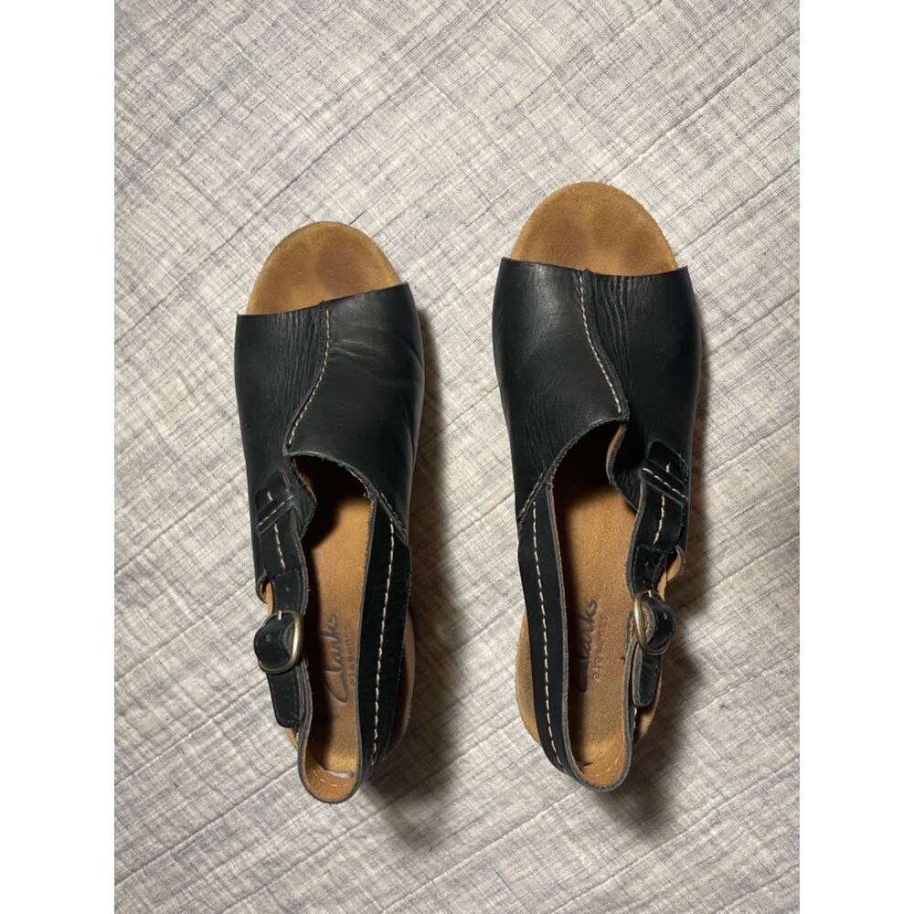 Clarks Elements Women's Leather Black Buckle Wedge Cork Heel Sandal Size 7M - Picture 2 of 13